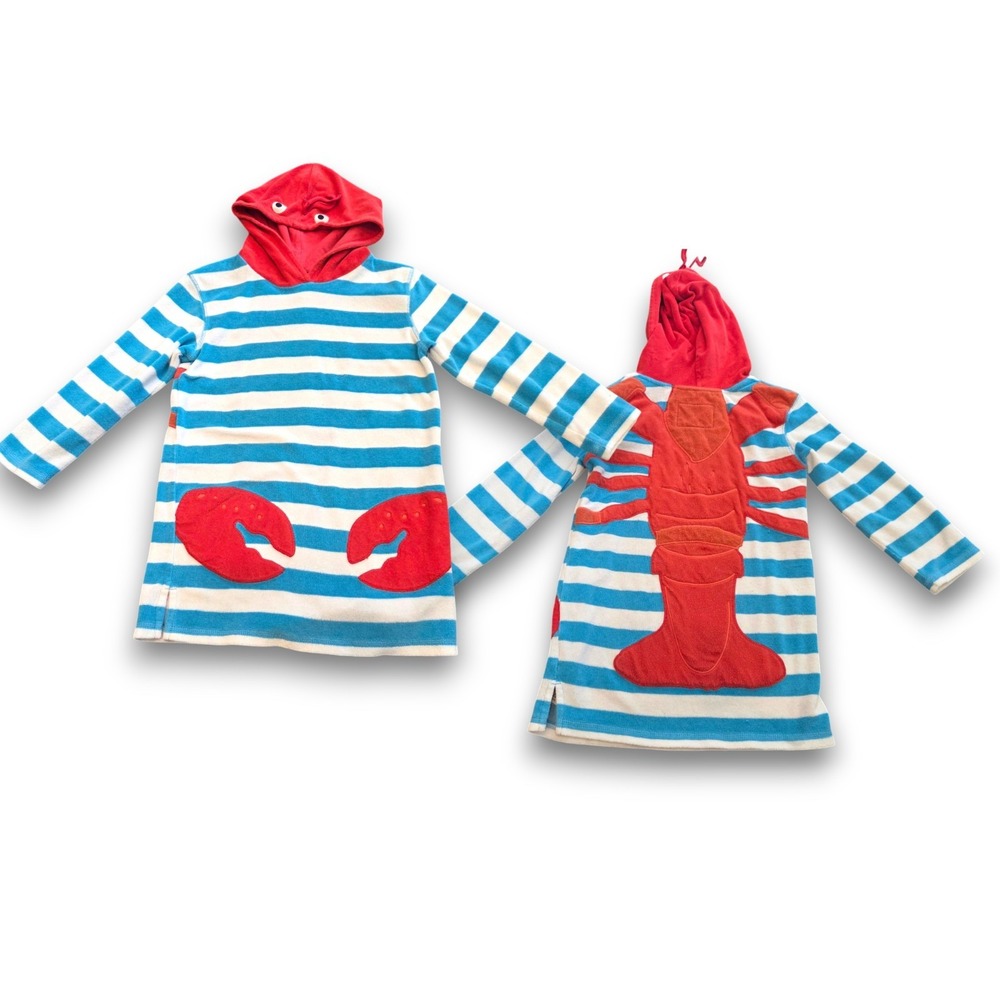 Mini Boden Terry Towelling Swim Beach Cover Up Lobster Striped Girls Kids 8-9